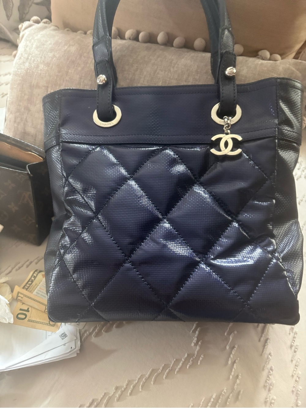 CHANEL Navy Quilted Patent Tote with Gold Ring Accents